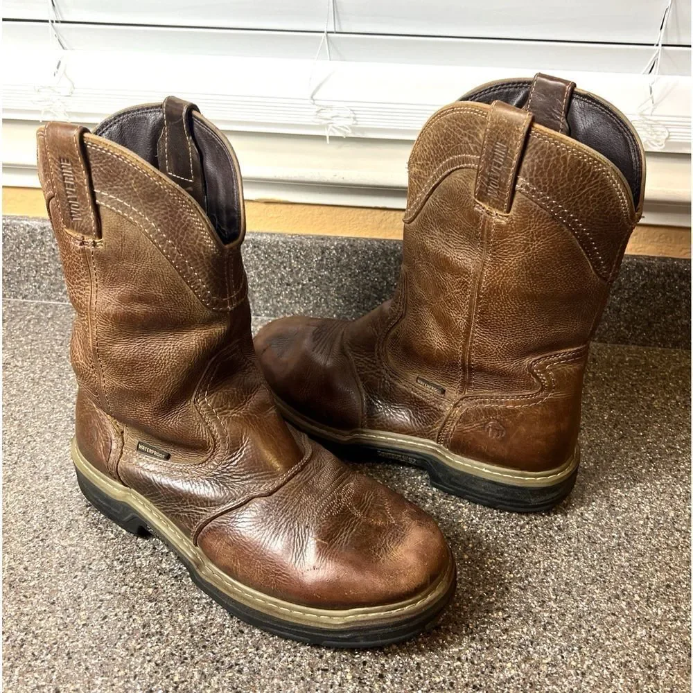 Wolverine Waterproof Contour Welt 10 Inch Brown Leather Work Boots Men's 10.5 EW